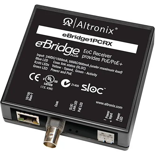 Altronix EBRIDGE1PCRX EoC Single-Port Receiver, 25Mbps, Generates PoE/PoE+, 24/56VDC, Requires Compatible Transceiver