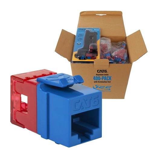 ICC IC107F6VBL CAT6 Keystone Jack with Slim Profile 180 Degree Punch Down, RJ45 UL Listed PoE++ TAA Compliant for Wall Plate or Patch Panel, Includes JackEasy Termination Tool, 400-Pack, Blue