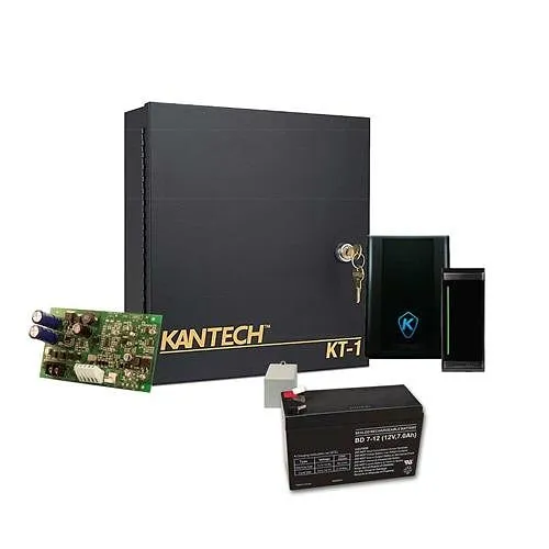 Kantech EK-1M-MTM Access Control Expansion Kit, 5-Piece, (1) KT-1-M Controller, (1) KT-MUL-MT Reader, (1) KT-PTC1640UG Transformer, (1) KT-PS4085 12V DC Power Supply and (1) KT-BATT-12 Battery