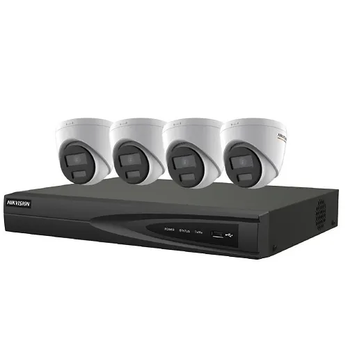 Hikvision EKI-K41T44C 4MP Turret PoE Kit, (4) DS-2CD1347G2-LUF 4MP Turret IP Camera, 2.8mm Fixed Lens, White, (1) ERI-K104-P4 4K 4-Channel PoE NVR, 1TB HDD, Black
