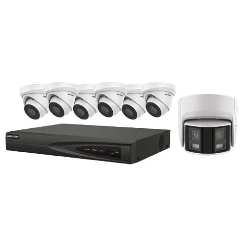 Hikvision EKI-K82T47 4MP PoE Kit, (6) 4MP Turret IP Camera with 2.8mm Fixed Lens, (1) 4MP 180° AcuSense Panoramic Camera, (1) 8-Channel 4K NVR, 2TB HDD