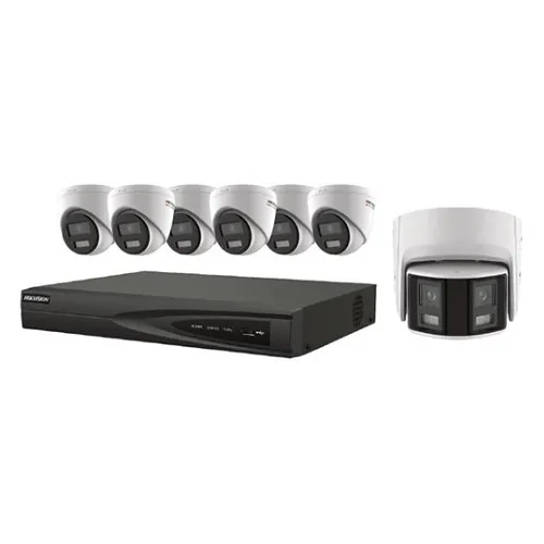 Hikvision EKI-K82T47C 4MP PoE Kit, (6) 4MP ColorVu Turret IP Camera 2.8mm, (1) 4MP 180° ColorVu Panoramic Camera, (1) 8-Channel 4K NVR, 2TB HDD