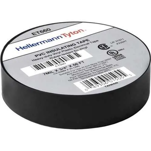 HellermannTyton ET660 Electrical Tape, .75in 66' Roll, 7m Thick, PVC, 1-Pack, Black