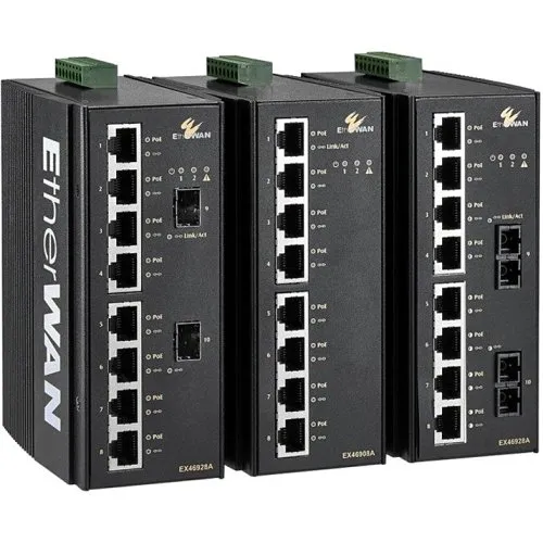 EtherWAN EX46928A-V-J EX46900A Series Hardened unmanaged 8-port 10/100/1000BASE (8 PoE) with 2-port 1000BASE-X (SX/LX/SFP) Ethernet Switch