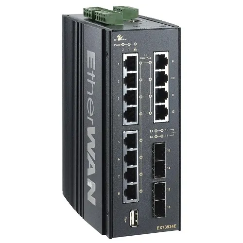 EtherWAN EX73934E-0VB Hardened Managed 16-Port Gigabit Ethernet Switch, 12-Port 10/100/1000BASE-T and 4-Dual-Rate Gigabit SFP Ports