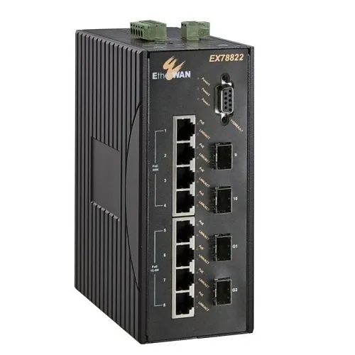 EtherWAN EX78822-VVBT Hardened Managed Ethernet PoE Switch, 8 Ports, 120W, Black