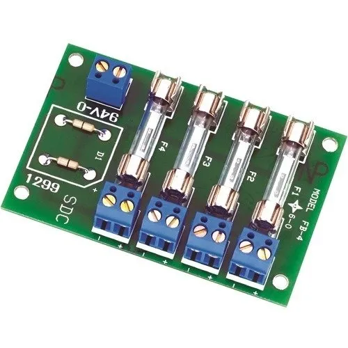SDC FB-4 Output Power Distribution Module Board, (1) Power, 12/24V DC Input, (4) Fused Class 2, On/Off, 12/24VDC (Matches input) Outputs