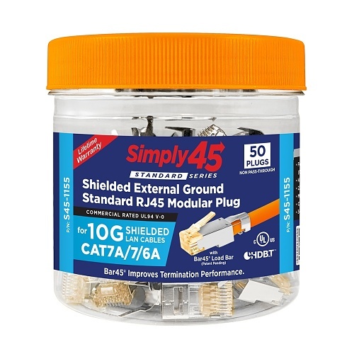 Simply45 S45-1155 Standard Series Shielded External Ground Standard RJ45 Modular Plug for 10G STP LAN Cables CAT7a/7/6a, Standard WE SS RJ45 with Bar45, 40-Piece Plastic Jar, Orange Tint