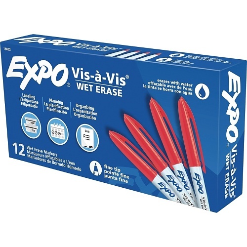 Expo 16002 Vis-a-Vis Wet Erase Marker, Fine Bullet Tip, Red, 12-Pack