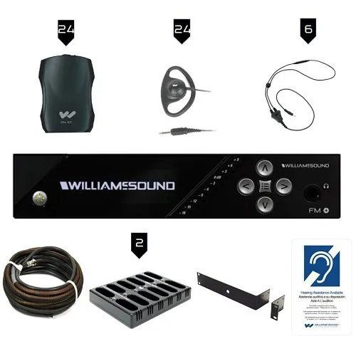 Williams AV FM 557-24 PRO FM+ Large-Area PRO System Package with (24) R37 Receivers and Dante
