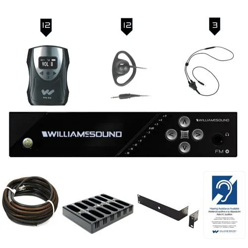 Williams AV FM 558-12 PRO FM+ Large-Area PRO Assistive Listening System Package with (12) R38 Receivers and Dante
