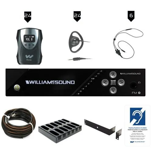 Williams AV FM 558-24 PRO FM+ Large-Area PRO Assistive Listening System Package with (24) R38 Receivers and Dante