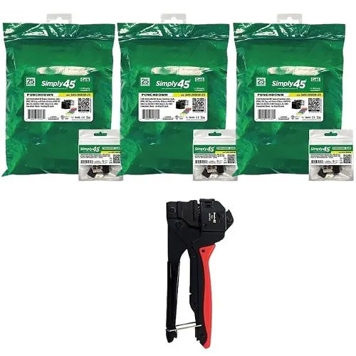 Simply45 G0-S45369BKT Kit with (1) S45-P420 Keystone Jack 110 Termination Tool and (3) S45-3690B-25 25-Packs of CAT6 90-Degree Unshielded Keystone Jacks, Black