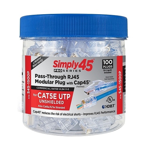 Simply45 S45-1500P CAT5e Unshielded Pass-Through RJ45 Modular Plugs, 100-Pack