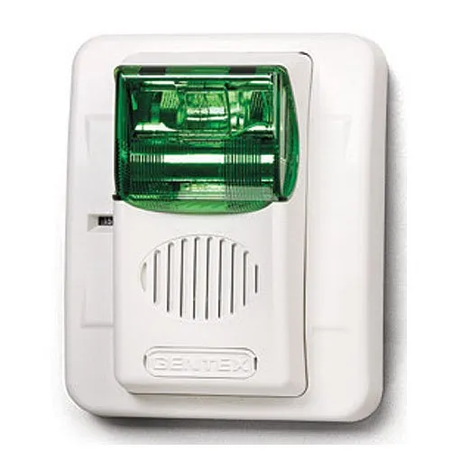 Gentex GECG24PWW GEC3 Colored Lens Series Horn/Strobe, Green Lens, Selectable Candela Strobe, Wall Mount, PLAIN (no lettering), White Faceplate