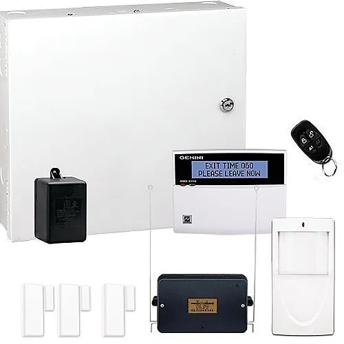 Napco GEM-SS311PAK Gemini Series Kit, GEM-P1632 Panel, GEM-DK1CA LCD Keypad, (3) GEM-TRANSLP Window/Door Transmitter, GEM-PIRPET PIR Motion Sensor, GEM-KEYF Keyfob, GEM-RECV32 Wireless Receiver