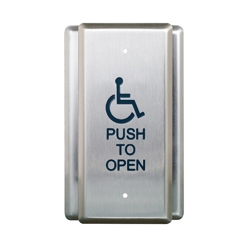 Camden CM-35/4 Single Gang Push Plate Switch, Vertical Mounting, 'WHEELCHAIR' Symbol and 'Push to Open', Blue