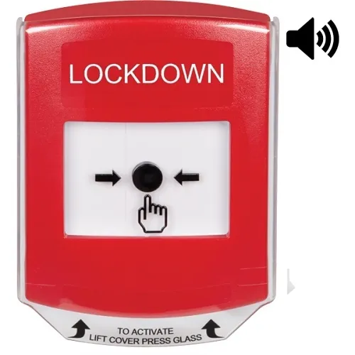 STI GLR0A1LD-EN Global ReSet Series Resettable Push Button with Shield, Audio / Visual Alert, "Lockdown" English Label, Red