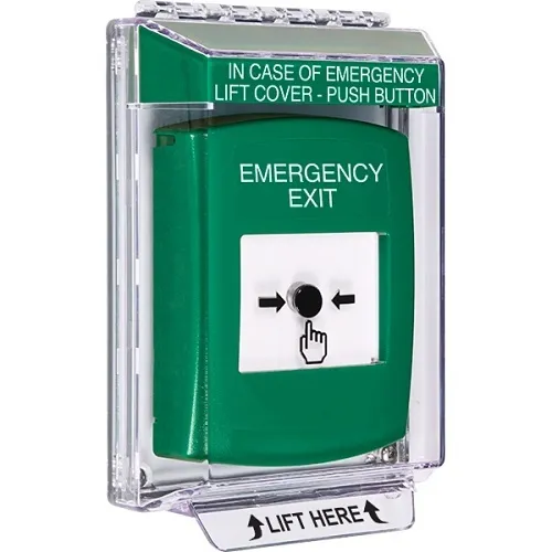 STI GLR131EX-EN Indoor/Outdoor Low Profile Flush Mount Key-to-Reset Push Button with "Emergency" Exit Label, Green