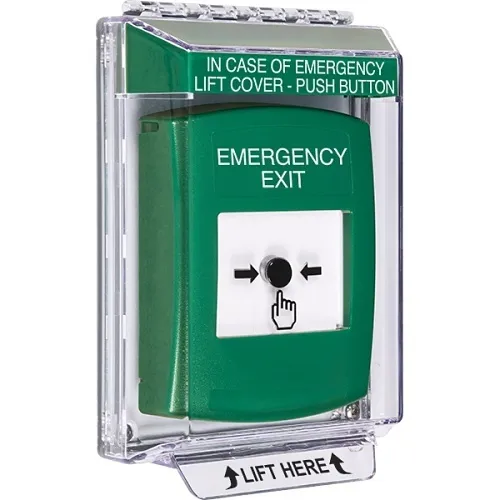 STI GLR141EX-EN Indoor/Outdoor Low Profile Flush Mount with Sound Key-to-Reset Push Button with "Emergency" Exit Label, Green