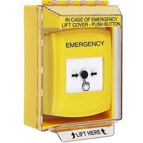 STI GLR281EM-EN Low Profile Surface Mount wITH Sound, Indoor / Outdoor, Key-to-Reset Push Button, EMERGENCY Label English, Yellow