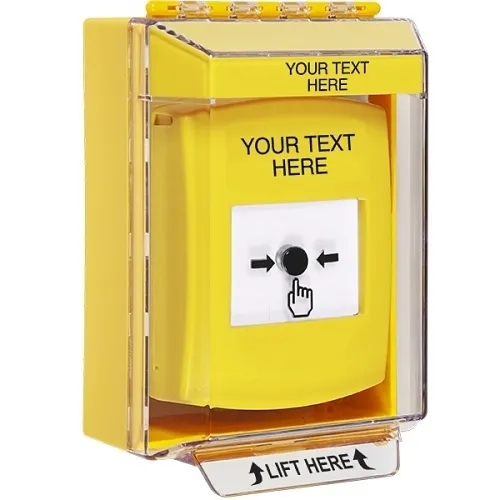 STI GLR281ZA-EN Push Button with Sound Key-to-Reset, Low Profile, Surface Mount, Indoor / Outdoor, Custom Text Label, Yellow