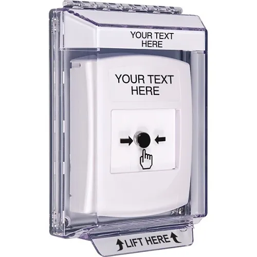 STI GLR331ZA-EN Push Button with Key-to-Reset, Low Profile, Flush Mount, Indoor / Outdoor, Custom Text Label, White