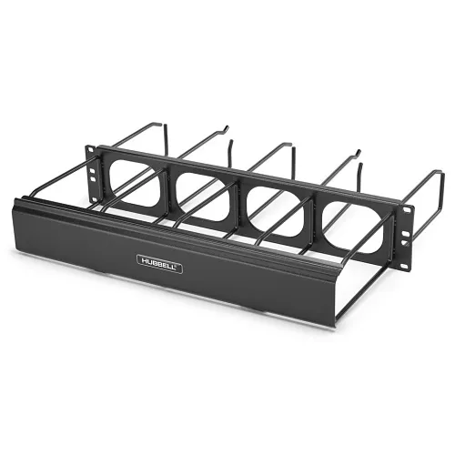Hubbell HM144C M-Series Horizontal Cable Manager with Cover, 1RU, 4" Extension, 4" Rear Rail, Black