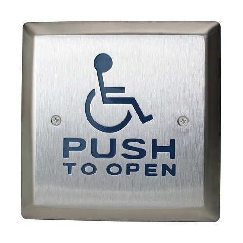 Camden CM-46/4 1/2" Square Push Plate Switch, Exposed Screws, 'WHEELCHAIR' Symbol and 'Push to Open', Blue