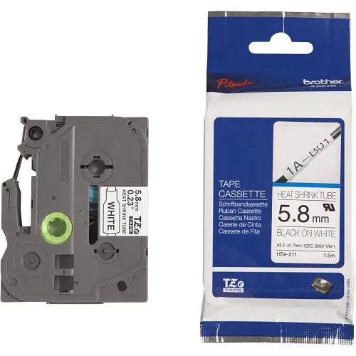 Brother HSE211 5.8mm (0.23in) 1.5m (4.9ft) Size Heat Shrink Tubing Black on White