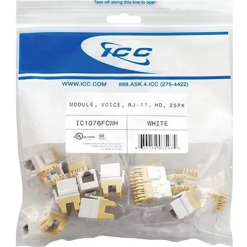 ICC IC1076FCWH HD RJ-11 Keystone Jacks, 25-Pk, White