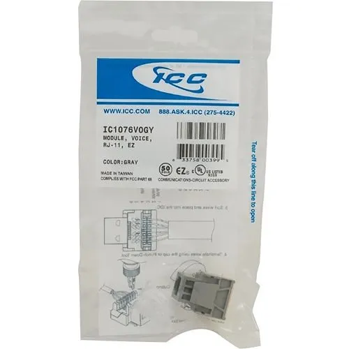 ICC IC1076V0GY Voice RJ11 Keystone Jack for EZ Style, Gray