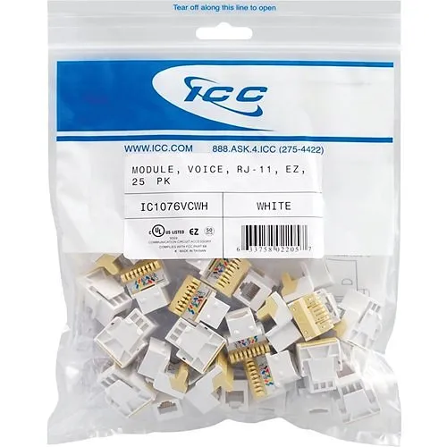 ICC IC1076VCWH Voice RJ11 Keystone Jack, EZ Style, 25-Pack, White