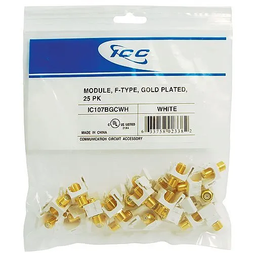 ICC IC107BGCWH 2GHz F-Type Modular Jack, Gold-Plated Connector, HD Style, 25-Pack, White