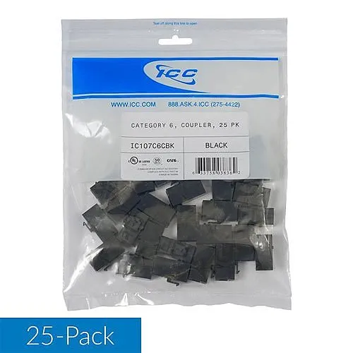 ICC IC107C6CBK CAT6 RJ45 Keystone Coupler for HD Style, 25-Pack, Black