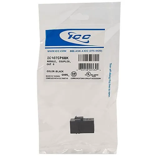 ICC IC107CP6BK CAT6 RJ45 Keystone Coupler, HD Style, Black