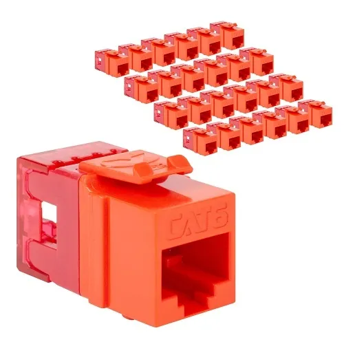 ICC IC107F6COR CAT6 Keystone Jack with Slim Profile 180 Degree Punch Down, RJ45 UL Listed PoE++ TAA Compliant for Wall Plate or Patch Panel, Works with JackEasy Termination Tool, 25-Pack, Orange
