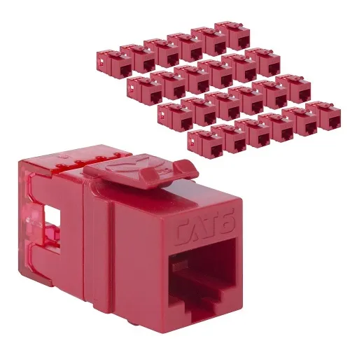 ICC IC107F6CRD CAT6 Keystone Jack with Slim Profile 180 Degree Punch Down, RJ45 UL Listed PoE++ TAA Compliant for Wall Plate or Patch Panel, Works with JackEasy Termination Tool, 25-Pack, Red