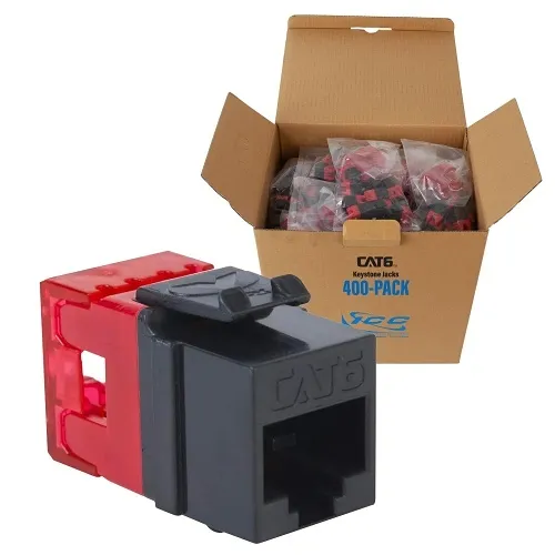 ICC IC107F6RBK CAT6 Keystone Jack with Slim Profile 180° Punch Down, RJ45PoE++ for Wall Plate or Patch Panel, 400-Pack, Black