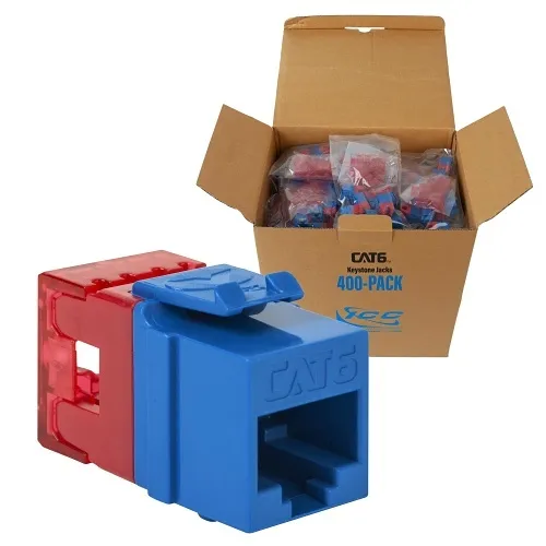 ICC IC107F6RBL CAT6 Keystone Jack with Slim Profile, 180-Degree Punch Down, RJ45 UL Listed PoE++ TAA Compliant for Wall Plate or Patch Panel, Works with JackEasy Termination Tool, 400-Pack, Blue