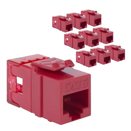 ICC IC107F6TRD CAT6 Keystone Jack with Slim Profile 180-Degree Punch Down, RJ45  PoE++ TAA Compliant for Wall Plate or Patch Panel,  JackEasy Termination Tool, Red, 10-Pack
