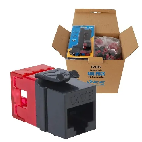 ICC IC107F6VBK CAT6 Keystone Jack with Slim Profile, 180-Degree Punch Down, RJ45 UL Listed PoE++ TAA Compliant for Wall Plate or Patch Panel, Includes JackEasy Termination Tool, 400-Pack, Black