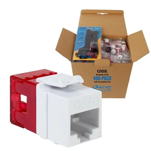 ICC IC107F6VWH CAT6 Keystone Jack with Slim Profile 180 Degree Punch Down, RJ45 UL Listed PoE++ TAA Compliant for Wall Plate or Patch Panel, Includes JackEasy Termination Tool, 400-Pack, White
