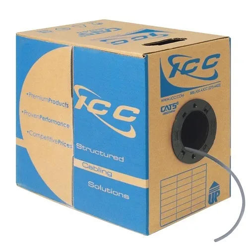 ICC ICCABP5EGY CAT5e CMP Plenum 24AWG 100% Solid Pure Copper Unshielded Bulk Ethernet Cable, UTP, PoE++, 350 MHz, UL Certified, ETL Verified, 1000' Reelex Pull Box, Gray