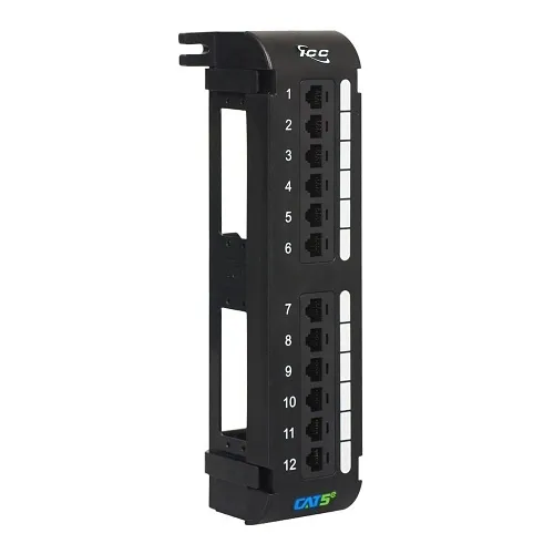 ICC ICMPP12V5E CAT5e Patch Panel, Wall Mount 12-Port Network Patch Panel with Rear 110 IDC Terminal Blocks and 89D Wall Mount Bracket, UL Listed and PoE++ Rated Gigabit Applications, Black