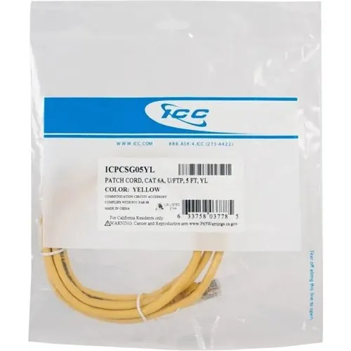 ICC ICPCSG05YL CAT6A Molded Boot U/FTP Patch Cord, 5' (152.4cm), Yellow