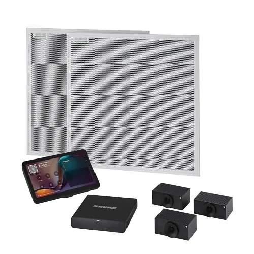 Shure IMXRK80 IntelliMix Room Kit 80, Includes (2) Shure MXA902 Ceiling Microphone + Speaker, (3) Huddly L1 Networked Camera, IntelliMix Compute, IntelliMix Touch Panel, and Network Switch