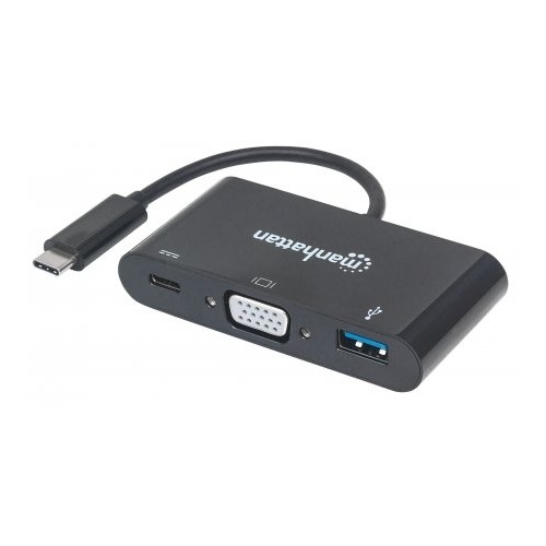 Manhattan 152044 USB-C to VGA 3-in-1 Docking Converter with Power Delivery, USB-A and USB-C PD Females, Multiport Converter, Black