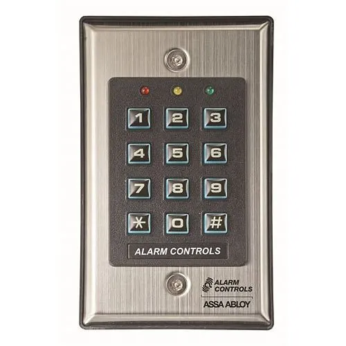 Alarm Controls KP-100A KP Series Flush Mount Digital Keypad, 50 Visitor Codes, Single Gang, Red, Green, Yellow LED, Stainless Steel