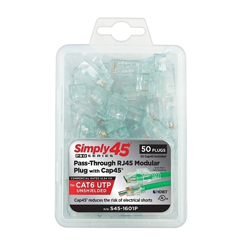 Simply45 S45-1601P Pro Series CAT6 Unshielded, Pass-Through RJ45 with Cap45, Clamshell 50-Piece
